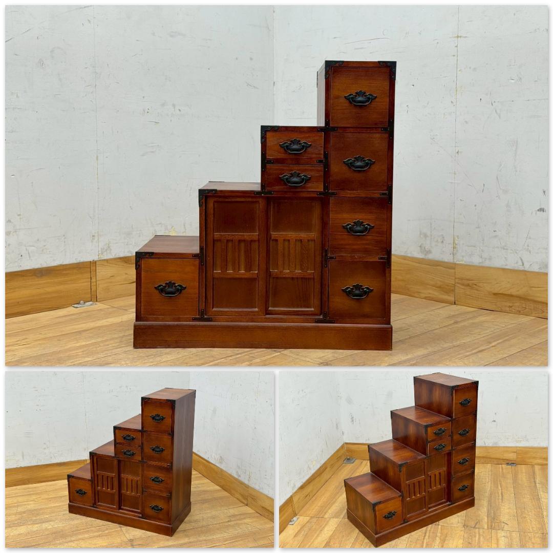 T1618☆階段箪笥　和箪笥　時代箪笥　古家具　昭和レトロ　両面　小引出　収納