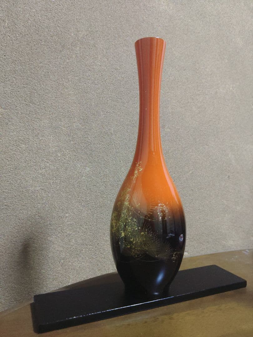 輪島塗 高級漆器 花瓶/花器/一輪挿し 黒朱 鶴首型 華翔沈金 曙塗 箱付