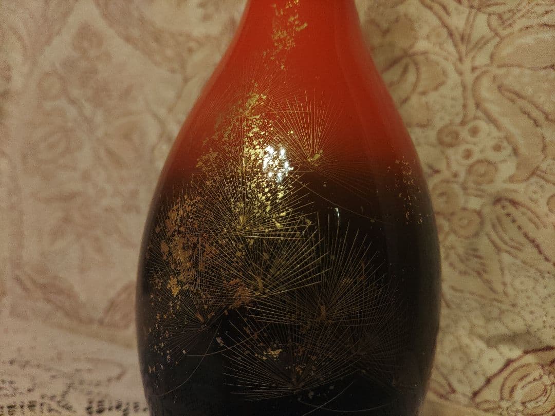 輪島塗 高級漆器 花瓶/花器/一輪挿し 黒朱 鶴首型 華翔沈金 曙塗 箱付