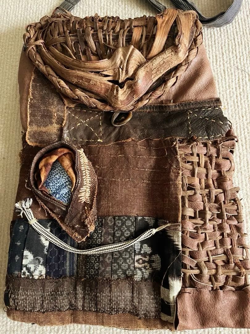 ◆個性的！山葡萄と柿渋布と裂き織りのポシェット ハンドメイド◆