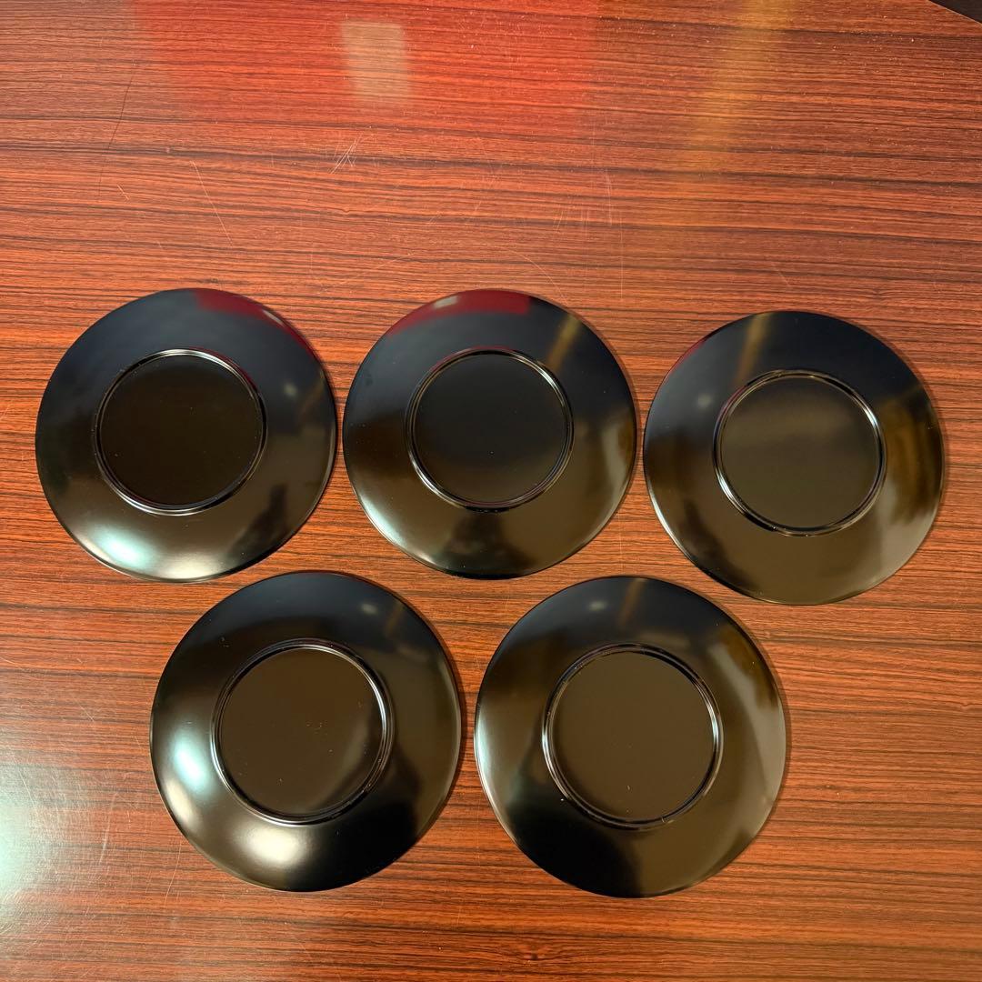【未使用】創作漆器 黒塗り丸皿 5枚セット フォーク付 共箱和モダン 高級感