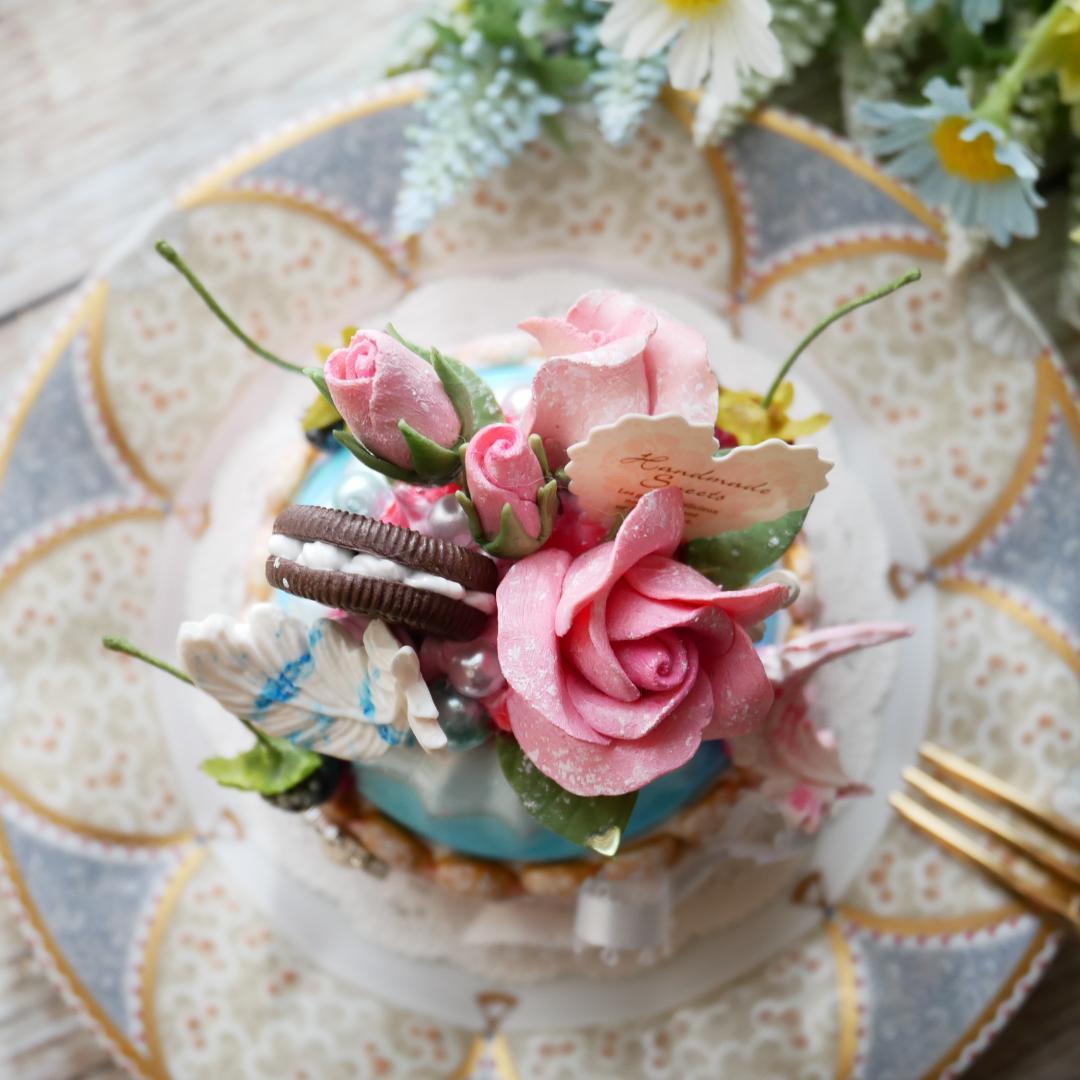 【RAMஐ*゜様】フェイクスイーツ◆水色ムース♡薔薇飾りプリンセスシャルロット◆