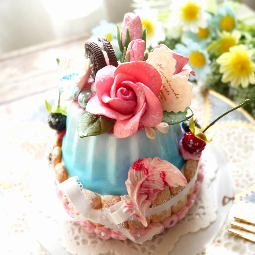 【RAMஐ*゜様】フェイクスイーツ◆水色ムース♡薔薇飾りプリンセスシャルロット◆