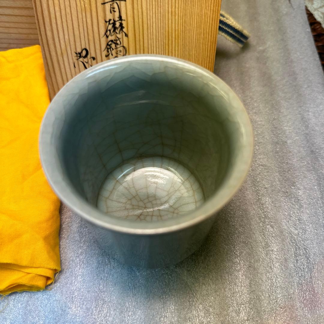 川瀬忍 青磁鎬湯碗 湯呑 共箱 人间国宝，相馬焼，九谷焼，水月焼，二六焼