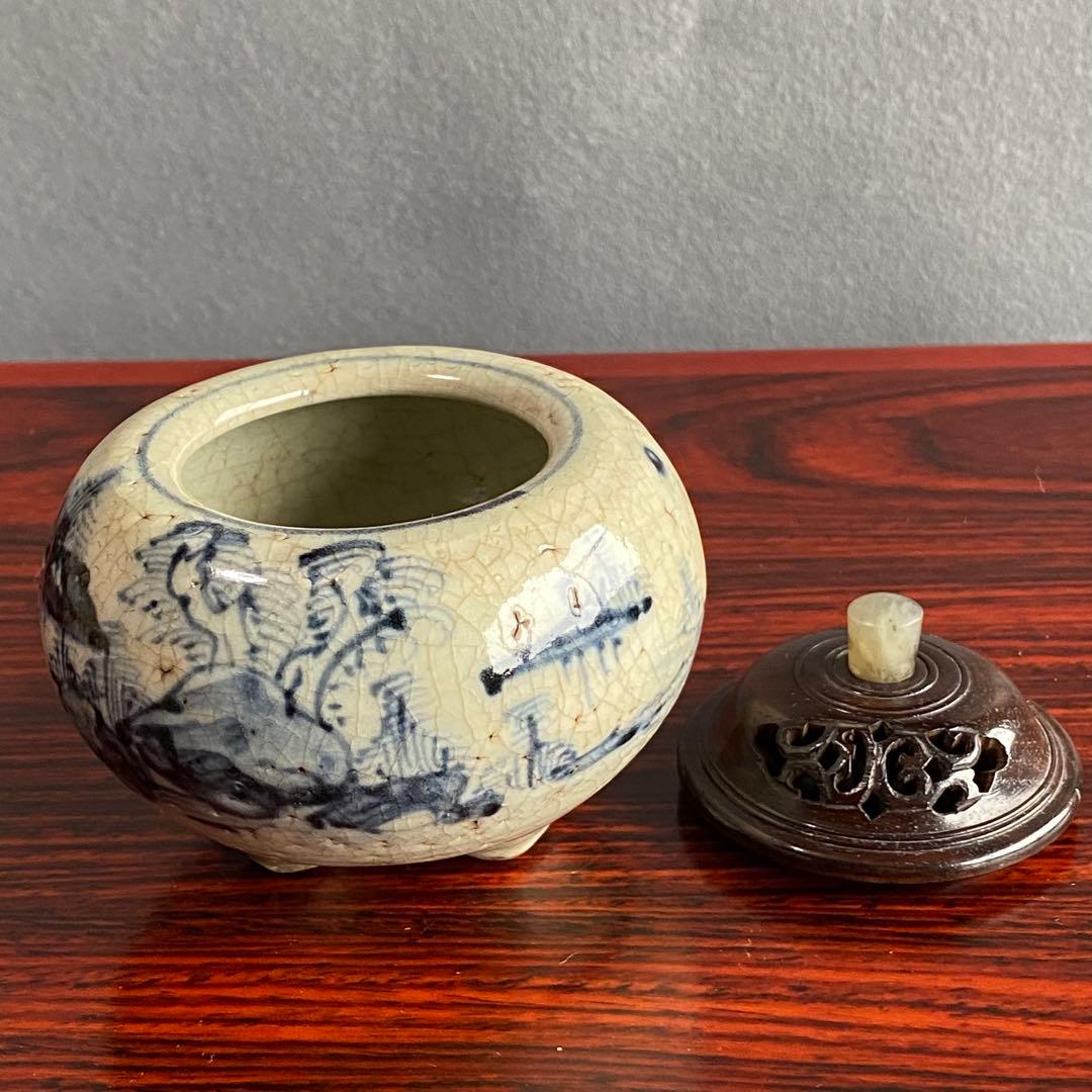 白磁青花香爐　李朝初期　香炉　李朝染付　山水画　床飾　置物インテリア