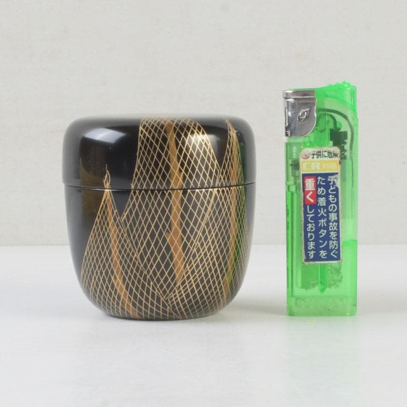 茶道具　坪田春彦作　黒塗　干網蒔絵　中棗　共箱　V　A54