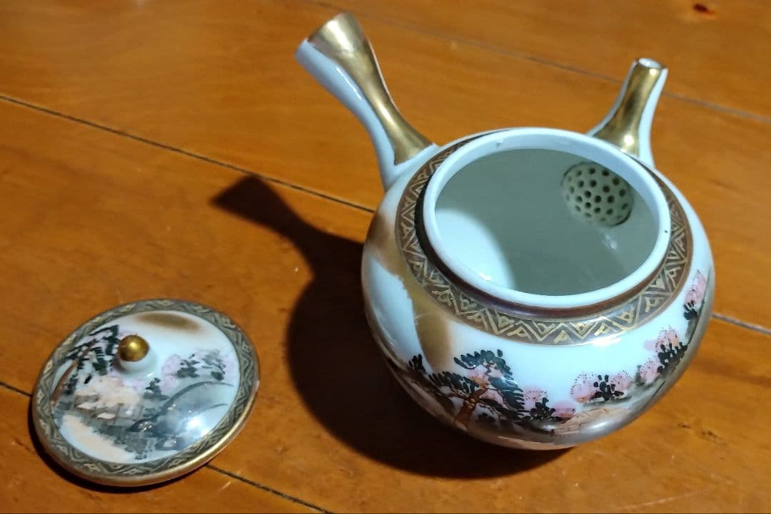 明治〜大正 九谷焼 赤金 金彩山水画茶器セット（急須、湯冷まし、湯呑み5個）