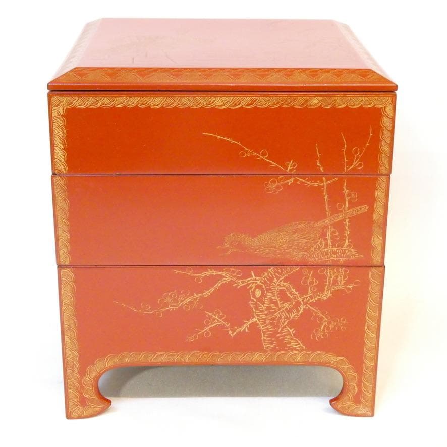 【遊山箱】漆器 重箱 花鳥模様 桑木地枠 古美術 骨董