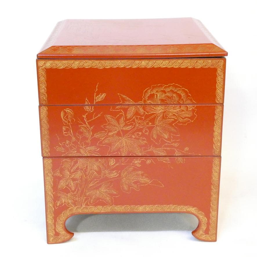 【遊山箱】漆器 重箱 花鳥模様 桑木地枠 古美術 骨董