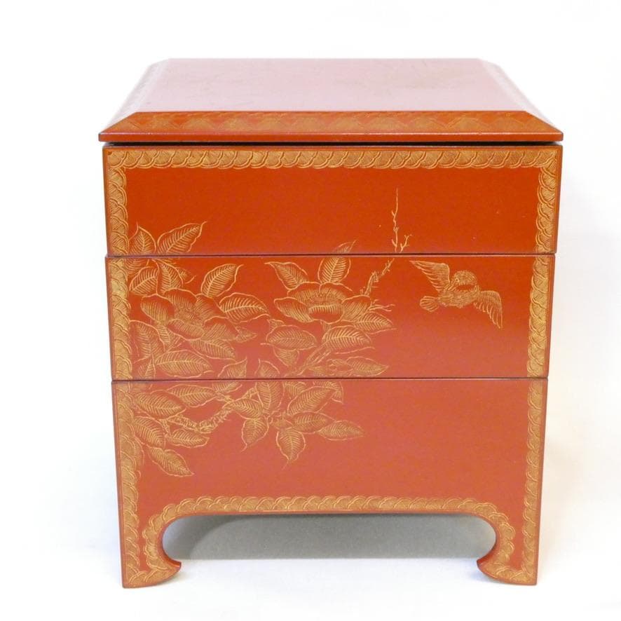 【遊山箱】漆器 重箱 花鳥模様 桑木地枠 古美術 骨董