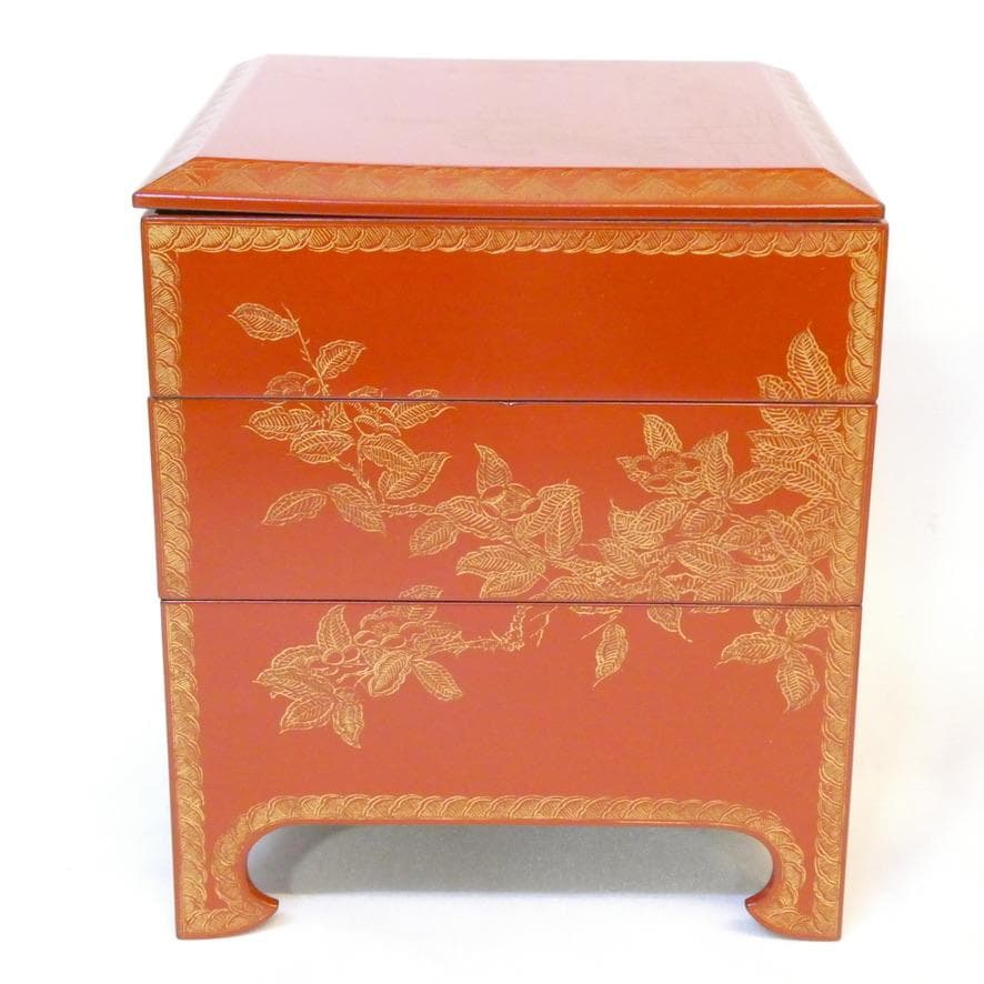 【遊山箱】漆器 重箱 花鳥模様 桑木地枠 古美術 骨董