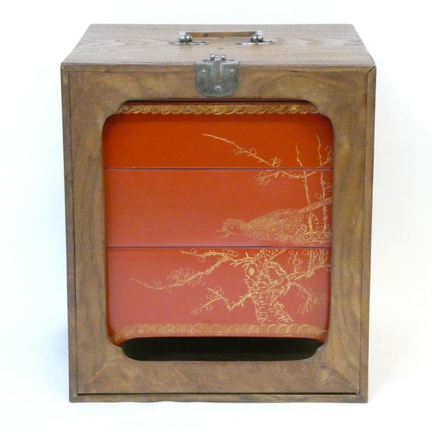 【遊山箱】漆器 重箱 花鳥模様 桑木地枠 古美術 骨董