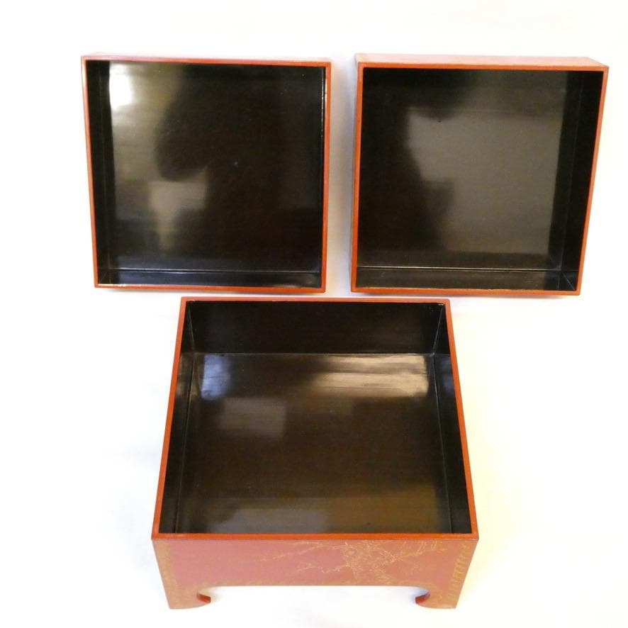 【遊山箱】漆器 重箱 花鳥模様 桑木地枠 古美術 骨董