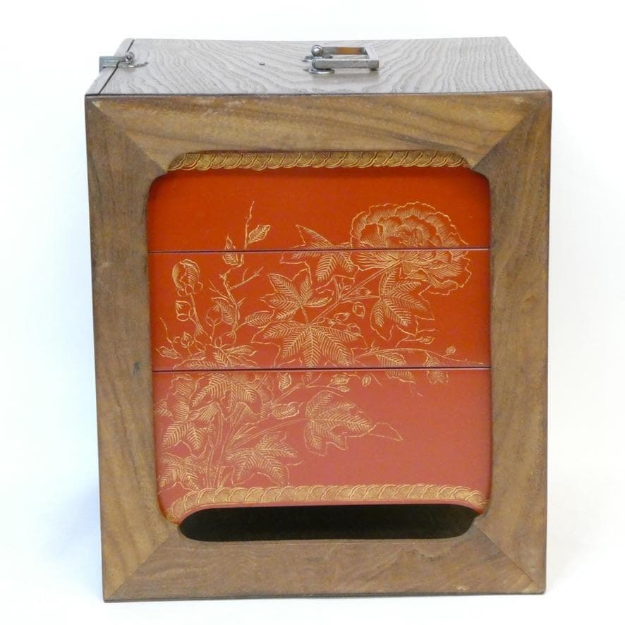 【遊山箱】漆器 重箱 花鳥模様 桑木地枠 古美術 骨董