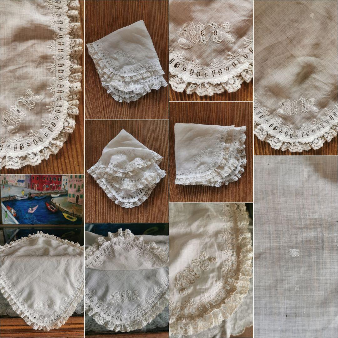 アンティーク 奇跡の極細糸刺繍 極小盛上げスカラップ 美しいウェディングハンカチ