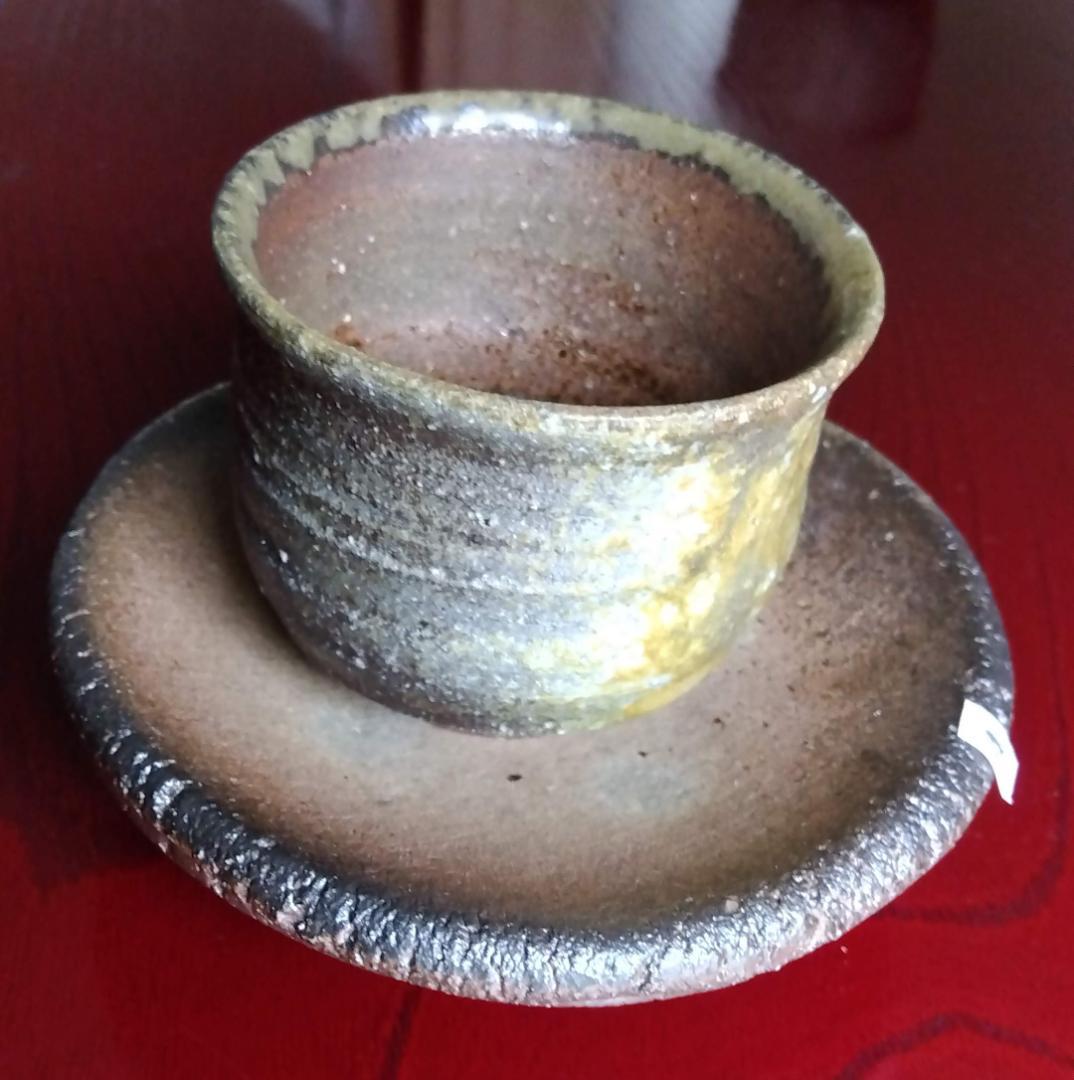 越前焼名工　白越不朝　塩越窯自然灰釉究極美逸品ぐい呑み湯呑3種茶托セットNo4