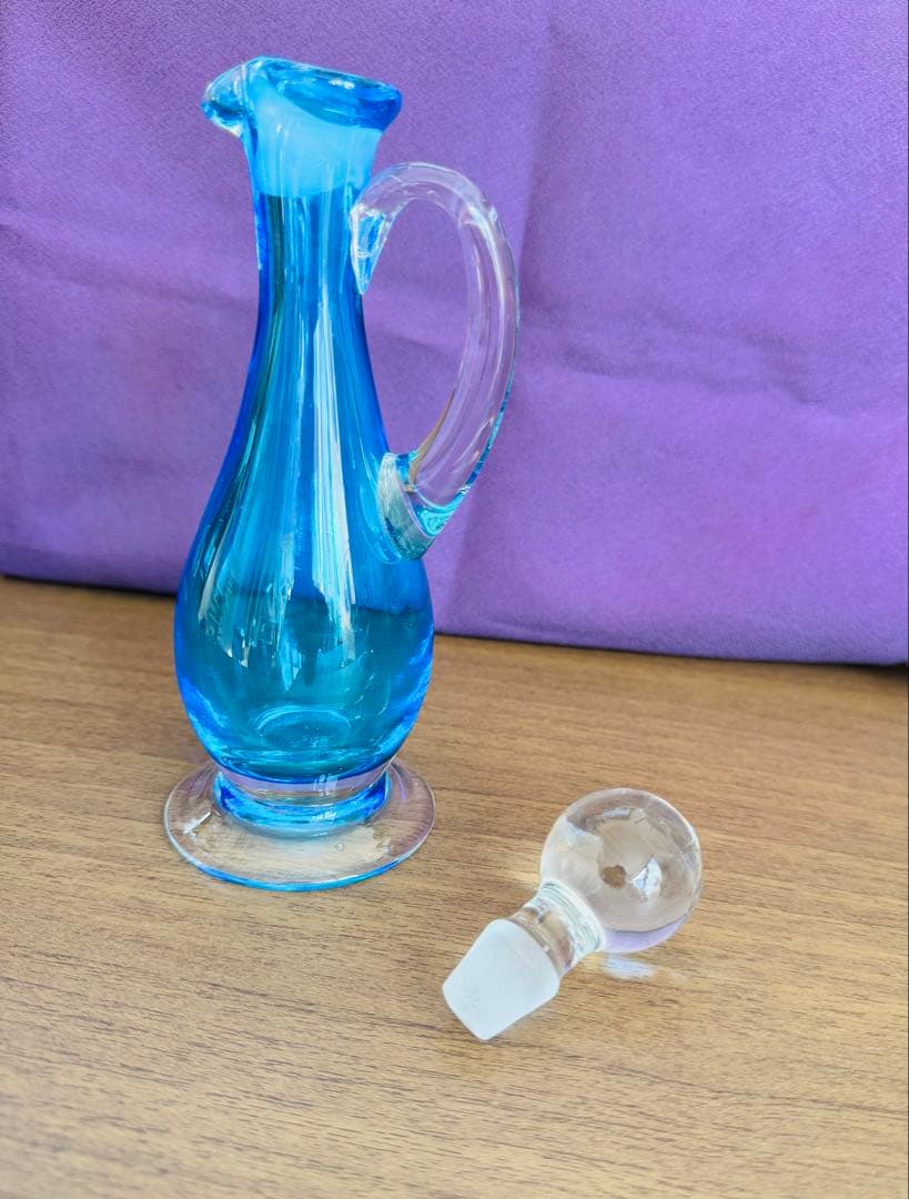 レトロ　琉球ガラス　水差し　デキャンタ　ブルー ガラス　製醤油差し　4点セット
