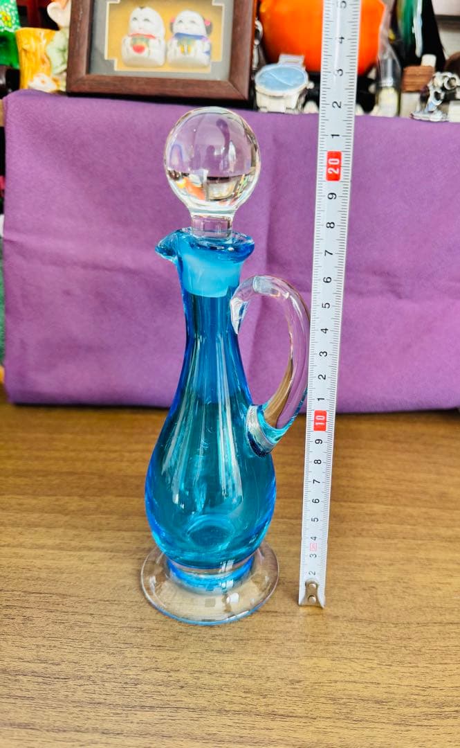 レトロ　琉球ガラス　水差し　デキャンタ　ブルー ガラス　製醤油差し　4点セット