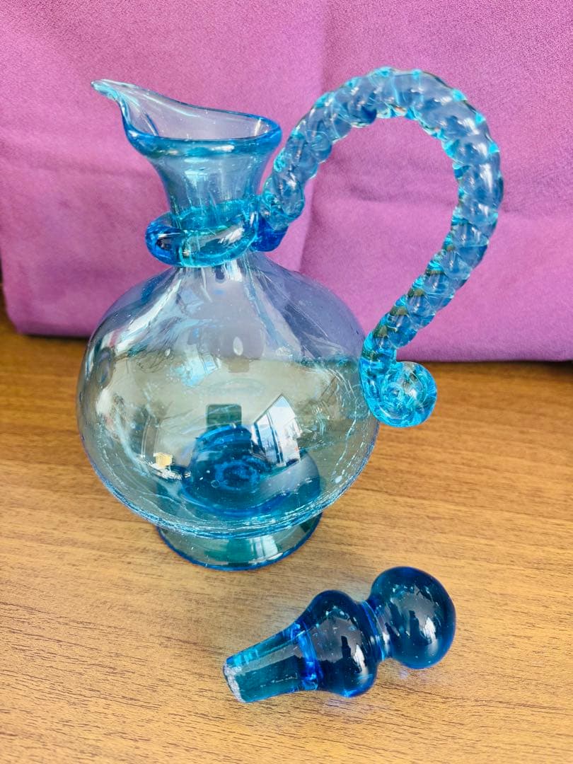 レトロ　琉球ガラス　水差し　デキャンタ　ブルー ガラス　製醤油差し　4点セット