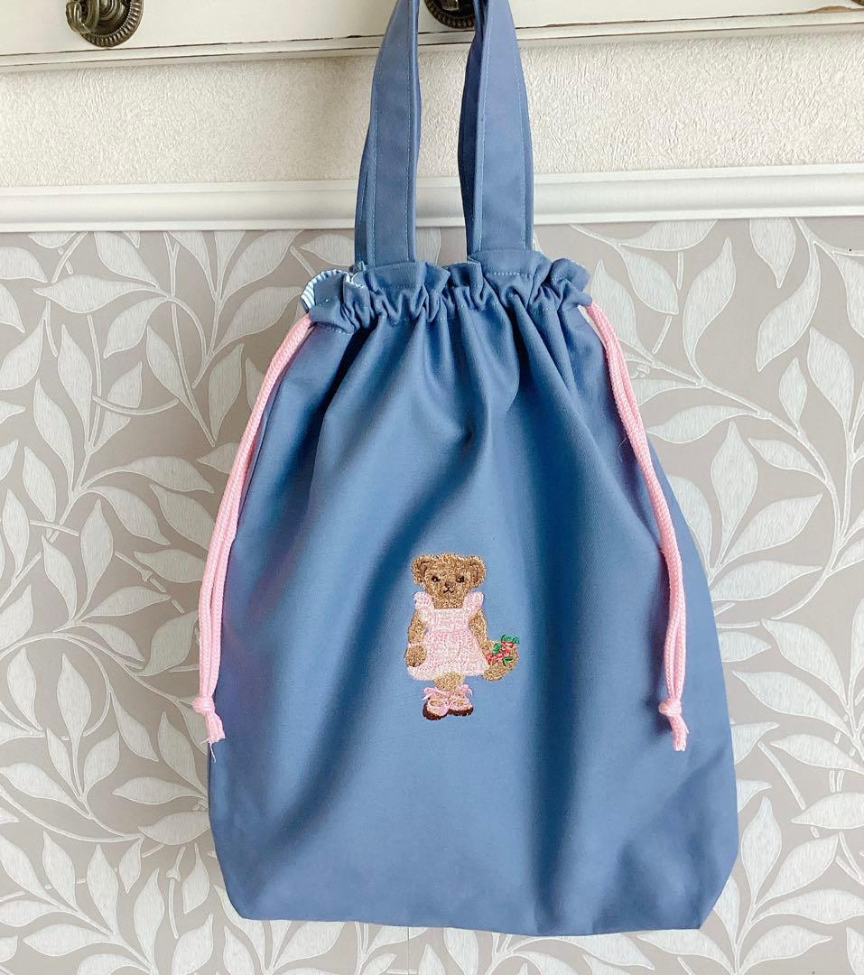 テディベア刺繍付き手提げトートバッグ＆手提げ巾着・お着替え入れ・体操服袋セット