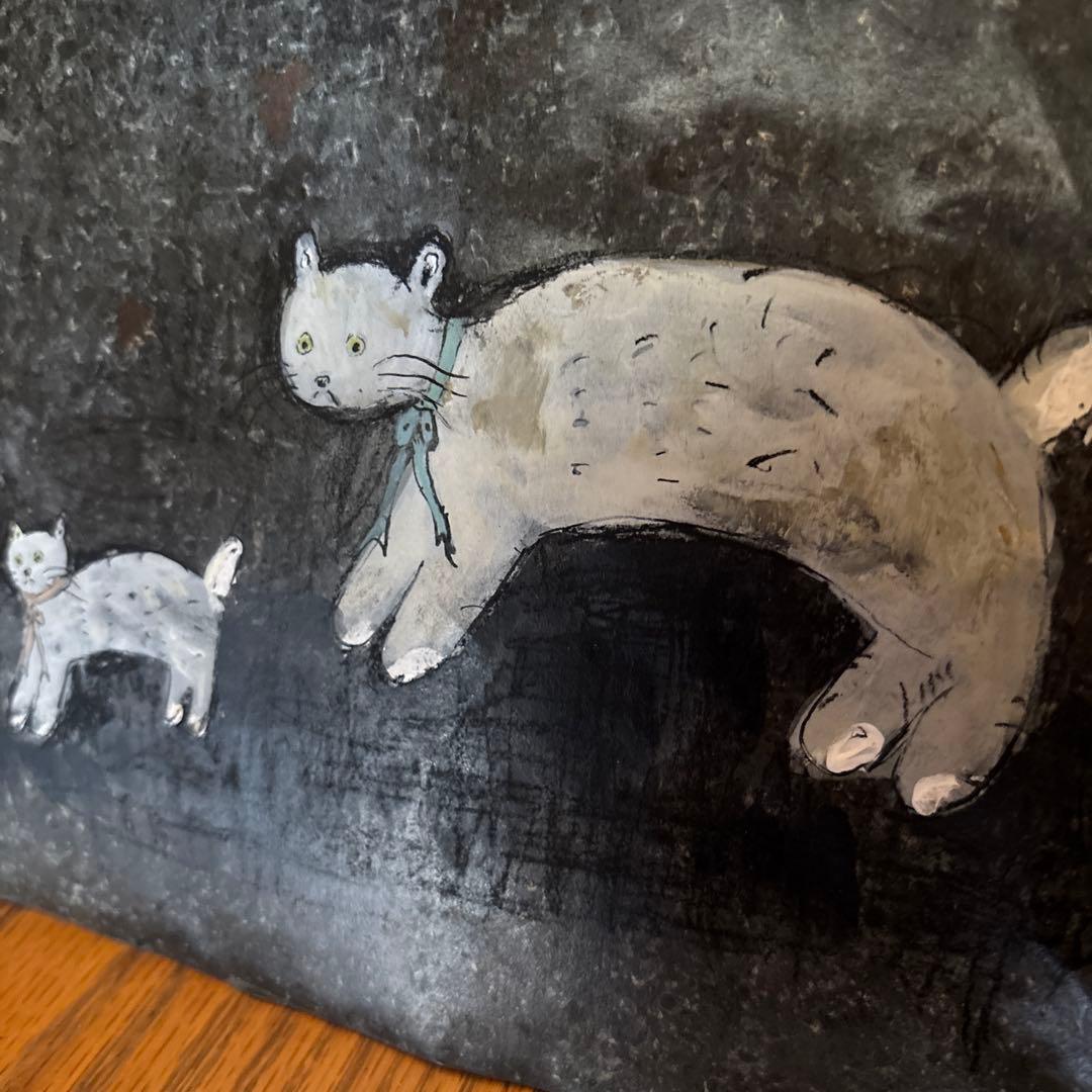 浅野 玲 アンティークブリキ アクリル画 「猫の親子」