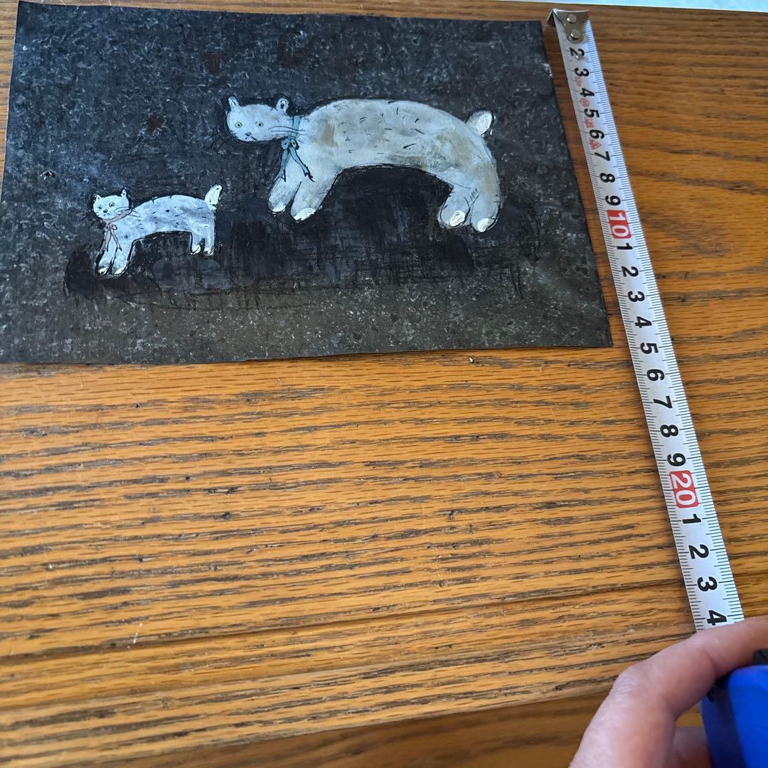 浅野 玲 アンティークブリキ アクリル画 「猫の親子」