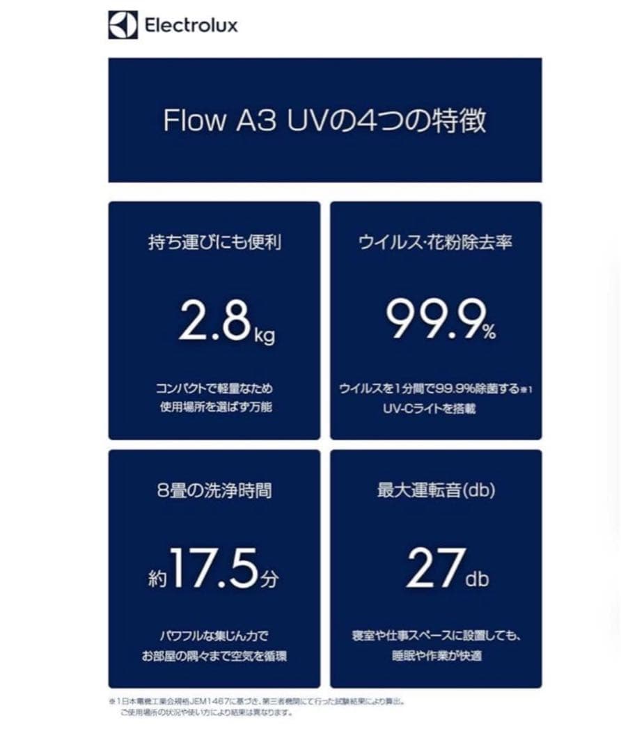 空気清浄機 エレクトロラックス Flow A3UV-CライトFA31-203WT