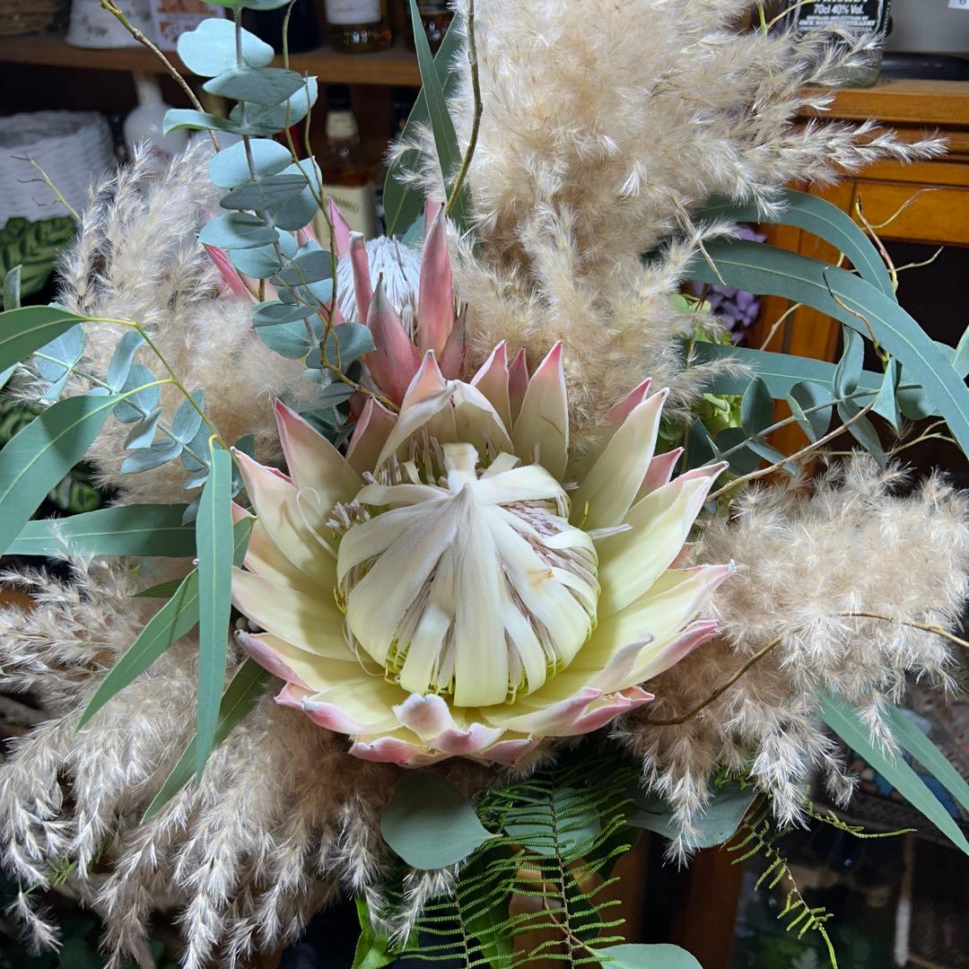 キングプロテアとライムライトとパンパスのスワッグ