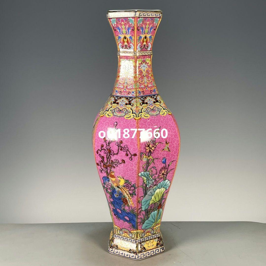 琺瑯粉釉六面開窓帯帯花鳥賞瓶 景徳鎮 陶磁器 装飾品 現代工芸品 美術品 置物