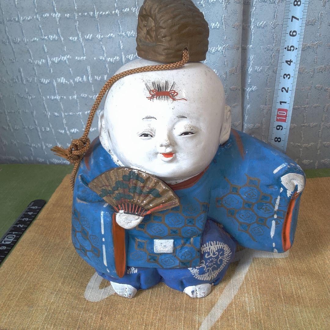 青色の着物 御所人形 ？ 扇子付き ひも切れ シミ・シワ 色落ち