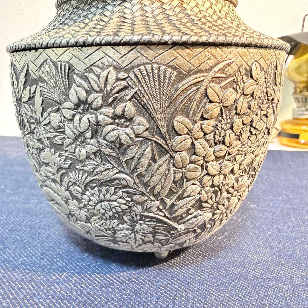 純錫製 香炉 錫栄 鳳凰透かし 浮彫 四季草花文 重厚555g 未使用保管品