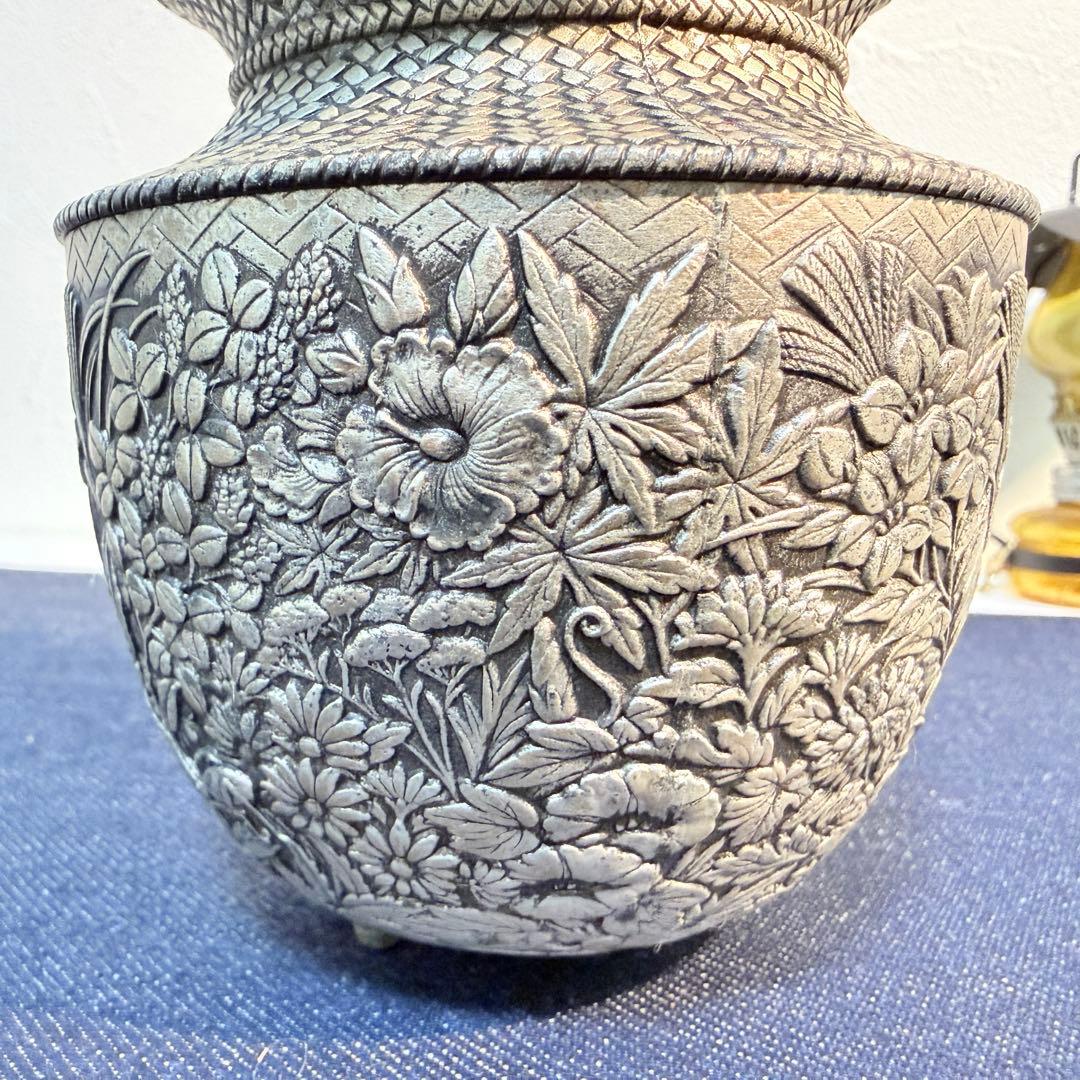 純錫製 香炉 錫栄 鳳凰透かし 浮彫 四季草花文 重厚555g 未使用保管品