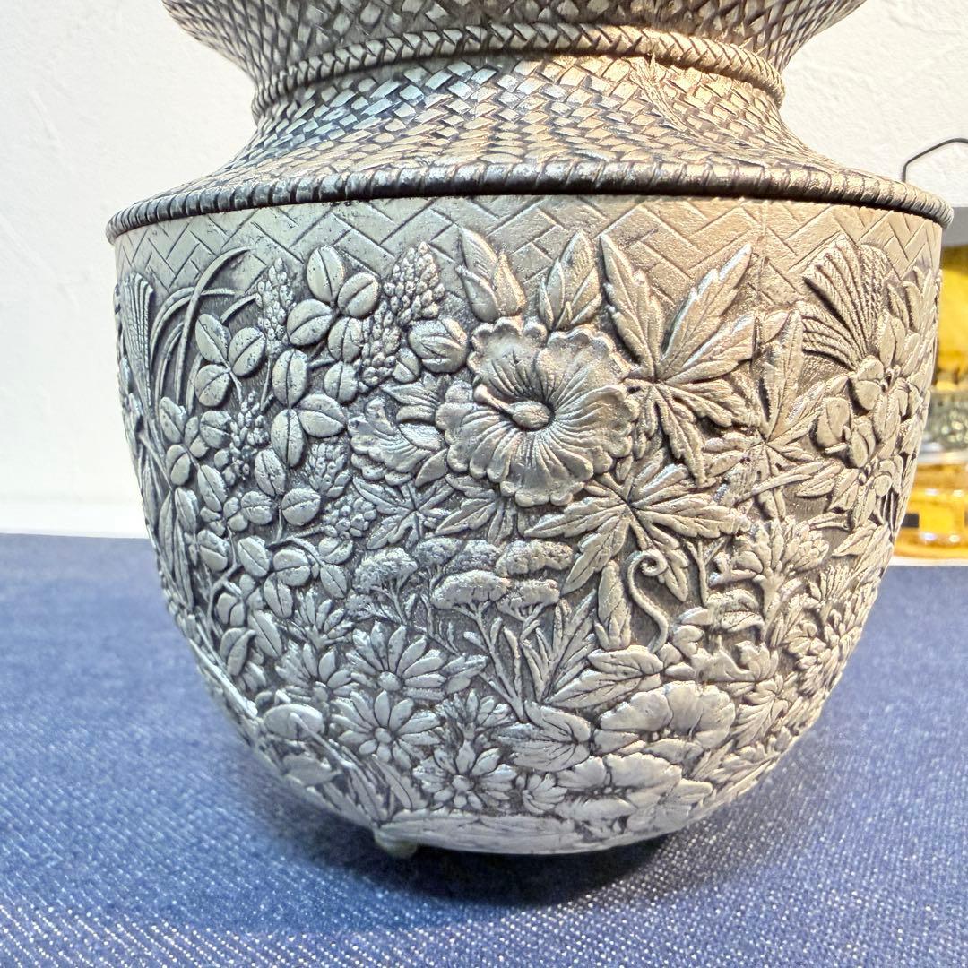 純錫製 香炉 錫栄 鳳凰透かし 浮彫 四季草花文 重厚555g 未使用保管品