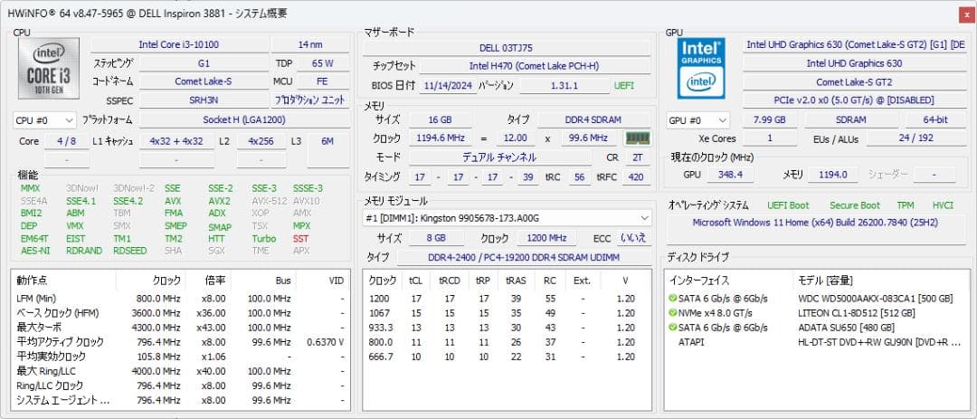 【中古】Win11Pro DELL Inspiron 3881