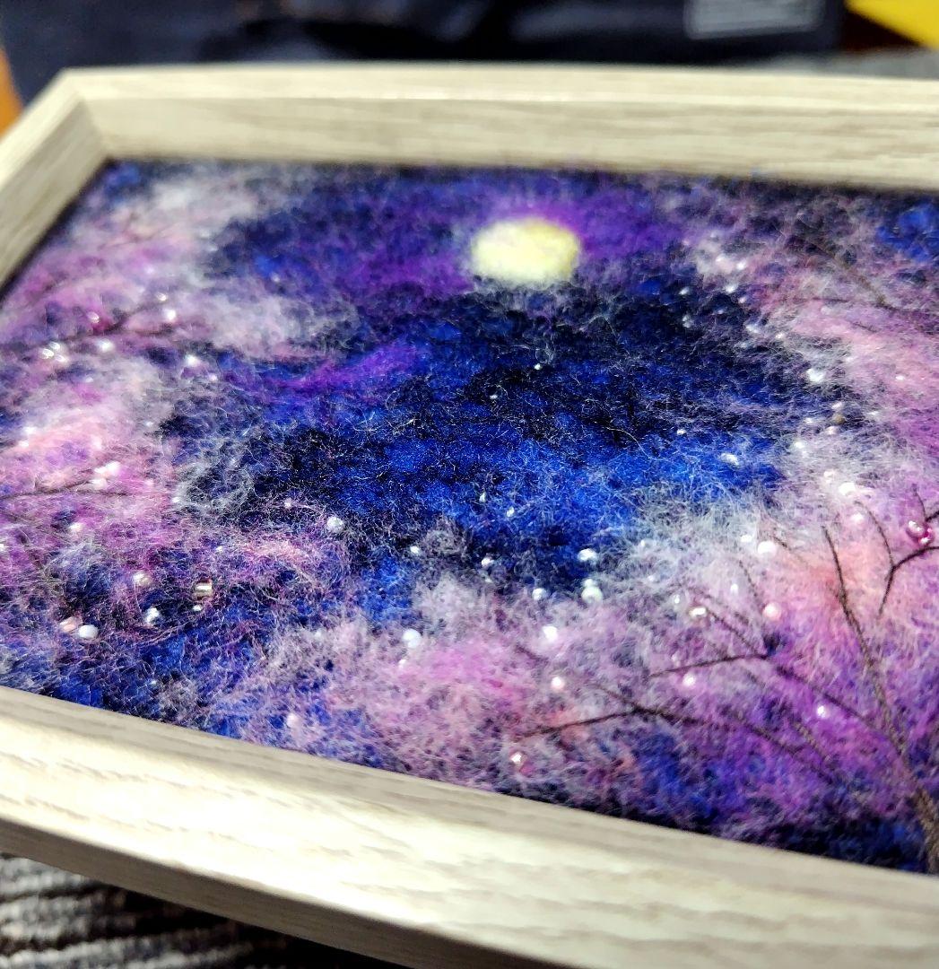 羊毛フェルト　ハンドメイド　フレーム　刺繍　絵画　月桜