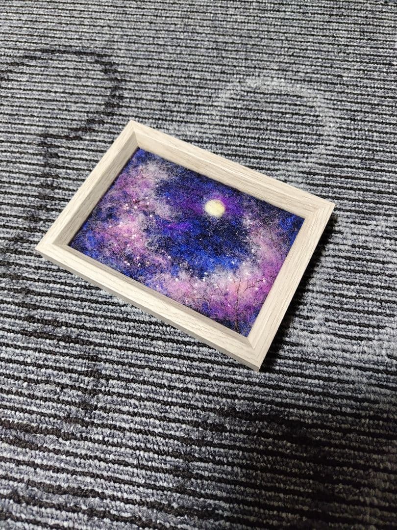 羊毛フェルト　ハンドメイド　フレーム　刺繍　絵画　月桜