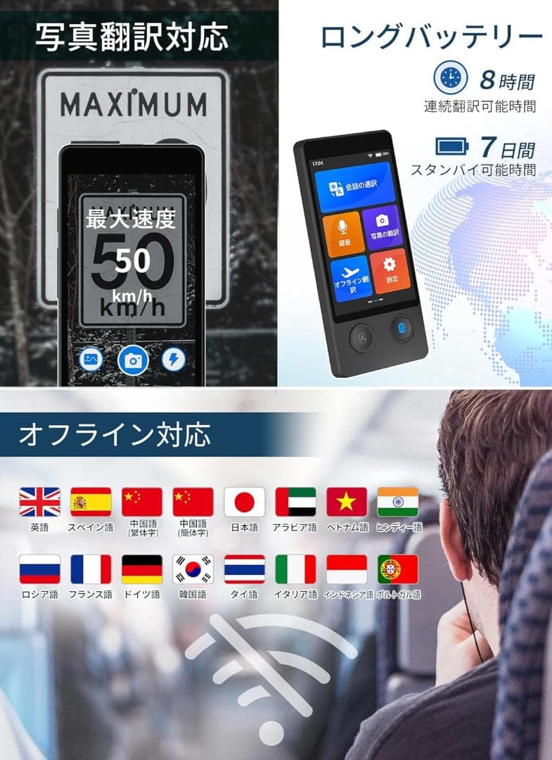 Wooask W12 翻訳機 ウーアスク SIM/追加料金不要 オフライン対応