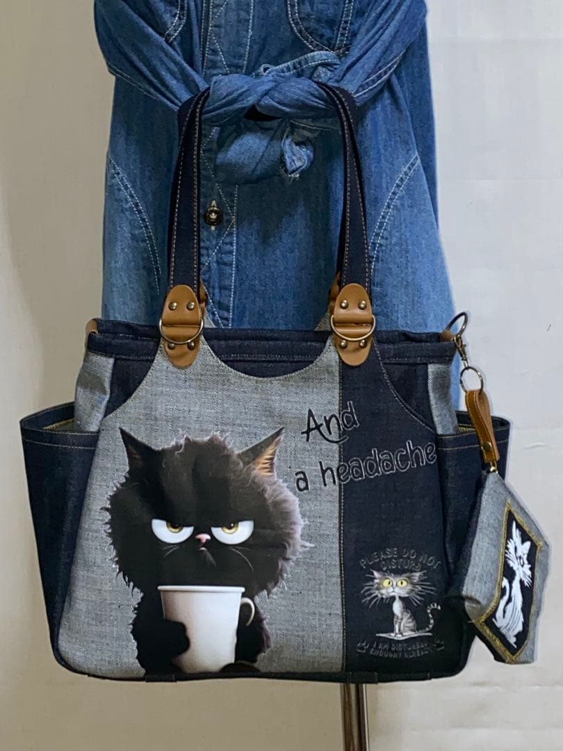 ☆ハンドメイド☆岡山デニム☆黒ネコ☆リュック対応☆4wayあおりバッグ