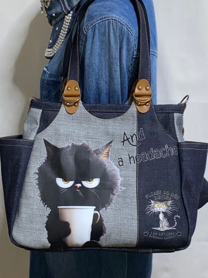 ☆ハンドメイド☆岡山デニム☆黒ネコ☆リュック対応☆4wayあおりバッグ