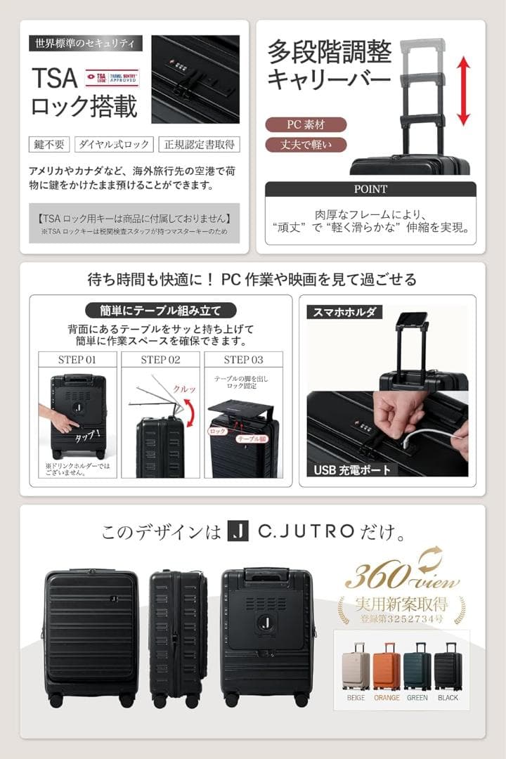 【新品】机になるスーツケース 38L 機内持込可 静音HINOMOTOキャスター