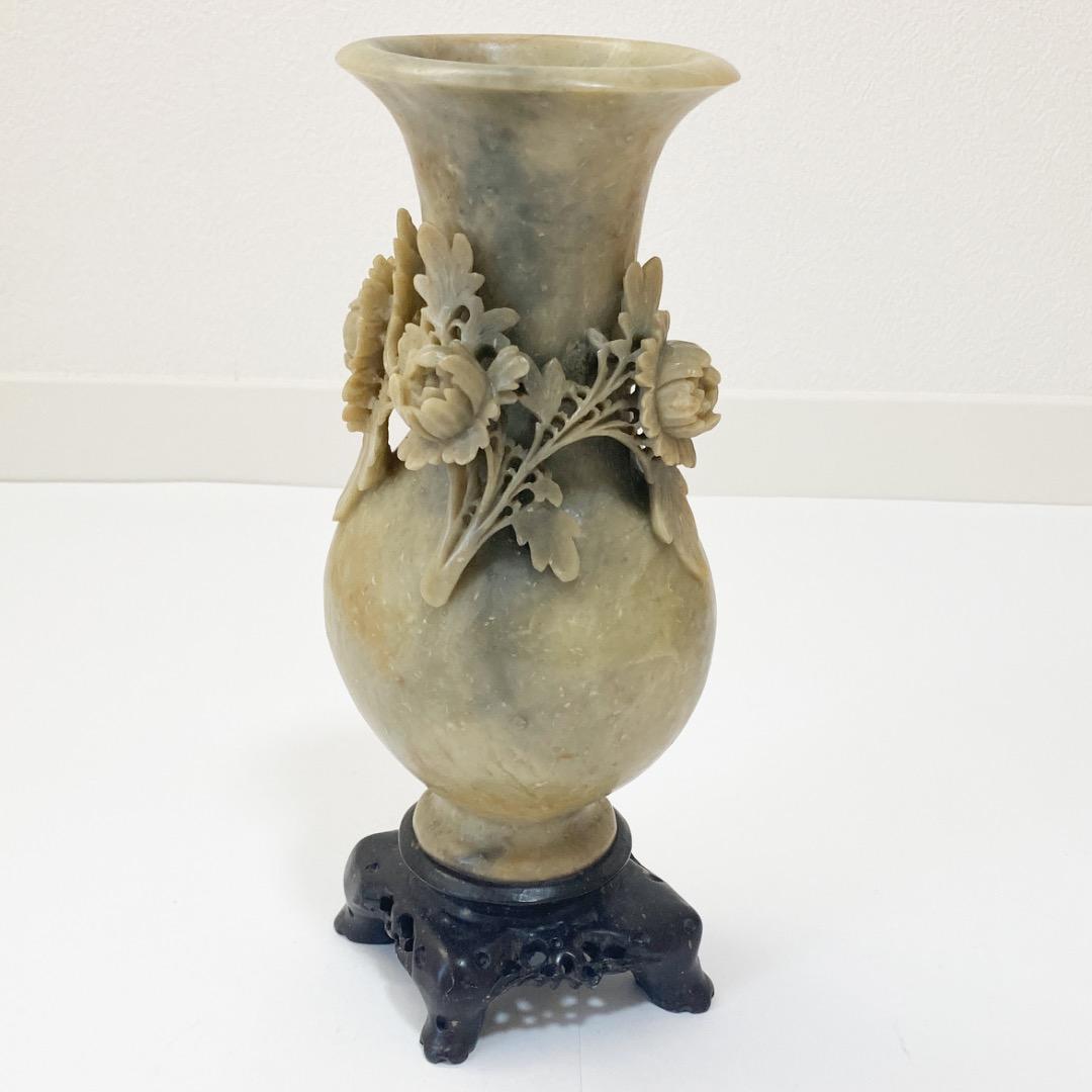 天然石 菊の彫刻の花瓶 全高約25.6cm