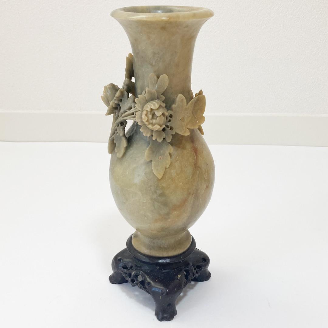 天然石 菊の彫刻の花瓶 全高約25.6cm