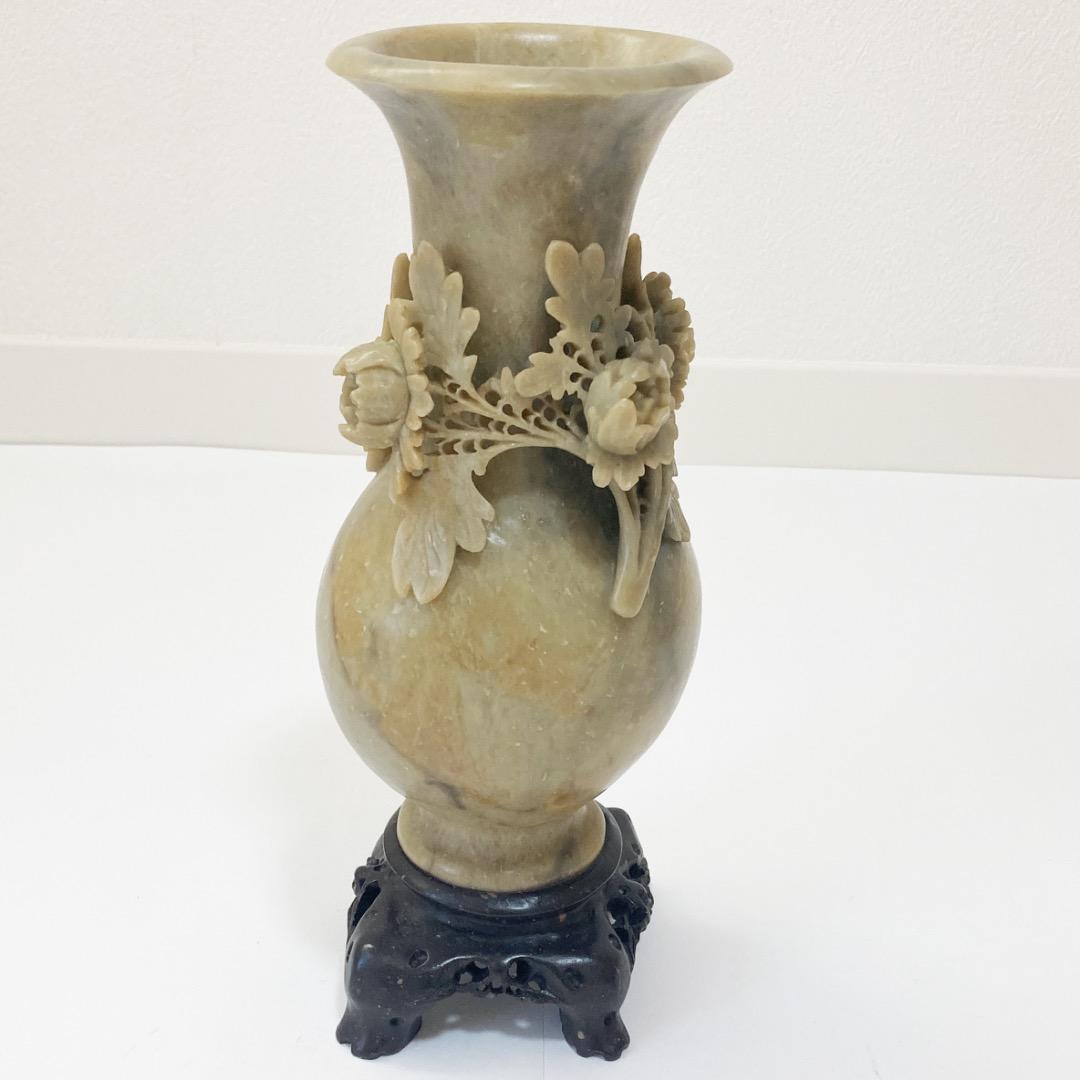 天然石 菊の彫刻の花瓶 全高約25.6cm