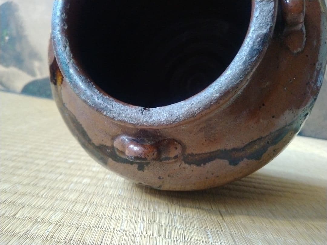 江戸中～後期頃　美濃鉄釉耳壺　骨董　古美術　古道具　古壺　瀬戸　花器　水指