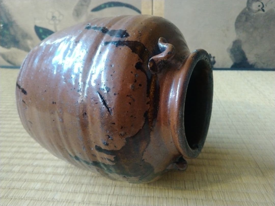 江戸中～後期頃　美濃鉄釉耳壺　骨董　古美術　古道具　古壺　瀬戸　花器　水指