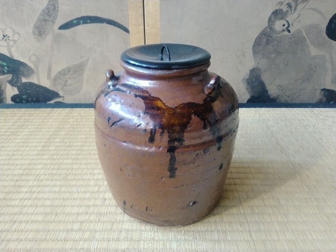 江戸中～後期頃　美濃鉄釉耳壺　骨董　古美術　古道具　古壺　瀬戸　花器　水指