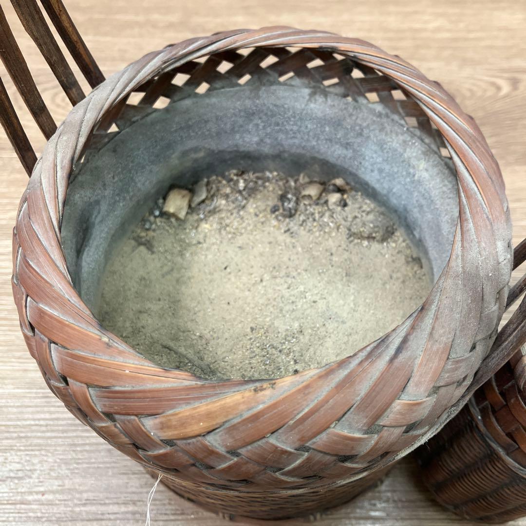 D-5 昭和レトロ 竹編み 花籠 花入れ 竹筒付き 炭入れ 華道具 茶道具
