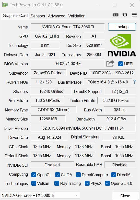 【動作確認済】ZOTAC NVIDIA RTX 3080 Ti 12GB グラボ
