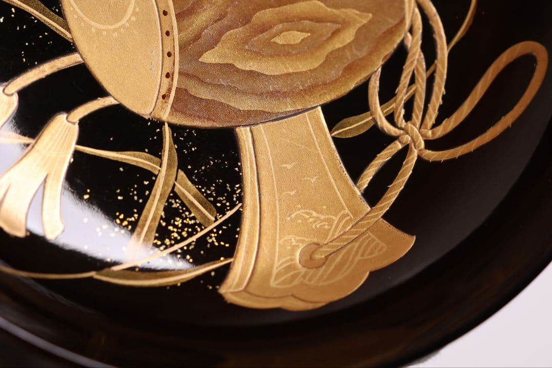 【MB281】加賀蒔絵 天然木漆塗 打出の小槌稲穂金蒔絵 黒塗椀 二客 大正昭和