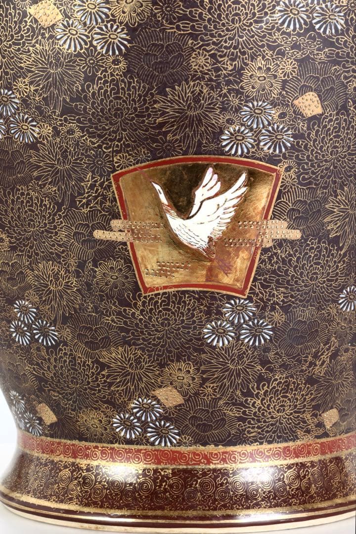 九谷連山 金襴手花詰扇面楼閣山水図 大花瓶61㎝ 色絵金彩 飾壺 古美術 骨董品